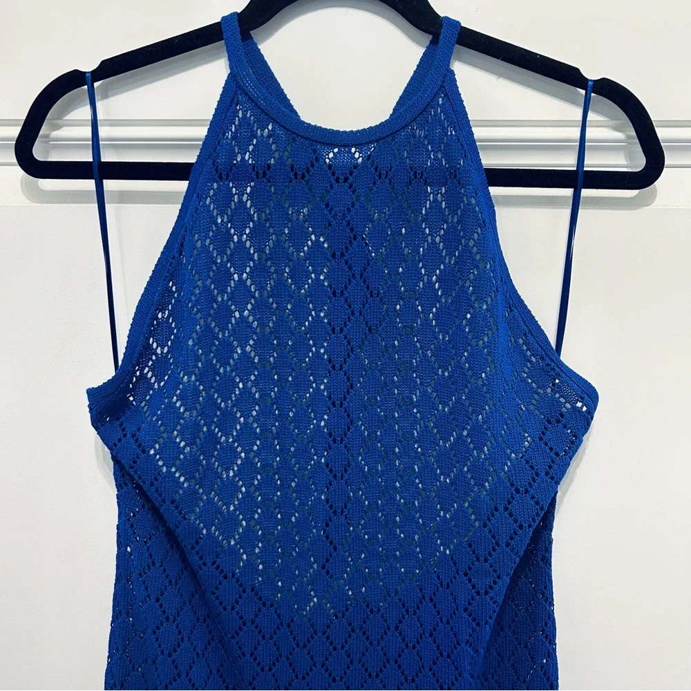 ANTHROPOLOGIE Sunday in Brooklyn • Blue Halter Crochet Cover-Up Midi Dress - Picture 4 of 8